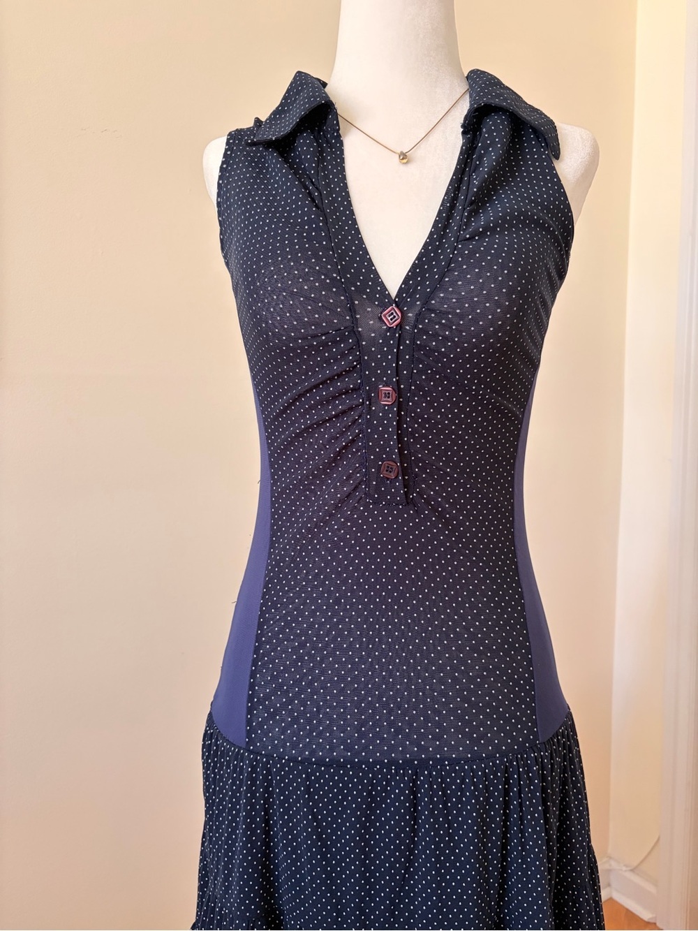 Vintage Polka Dot Chiffon Dress with Drop Waist and Button Detail - Picture 2 of 7